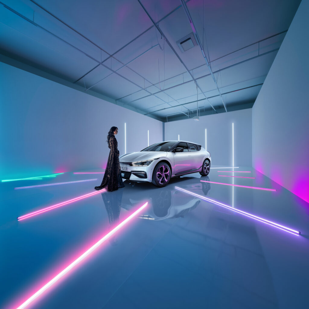 Automotive Retusche und CGI Composing eines Kia EV6 in einem Neon Studio