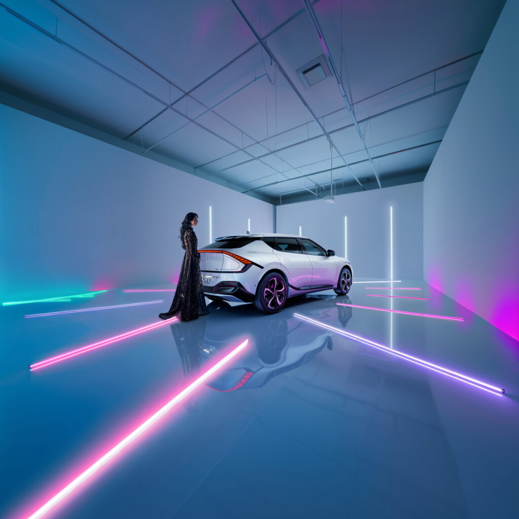 Automotive Retusche und CGI Composing eines Kia EV6 in einem Neon Studio